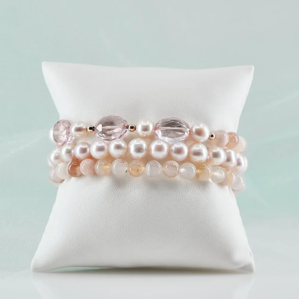 Dainty Bracelet Set, Pearl & Sakura Agate Gemstone Stretch Bracelet, OOAK